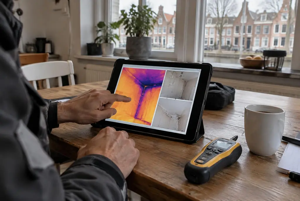 Lekdetectie Veenendaal – lekdetectierapport met warmtebeelden en foto's op een tablet