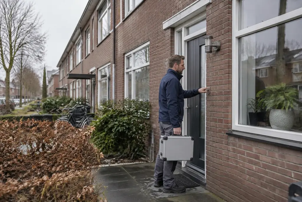 Lekdetectiespecialist met meetkoffer bij de voordeur van een woning in Veenendaal